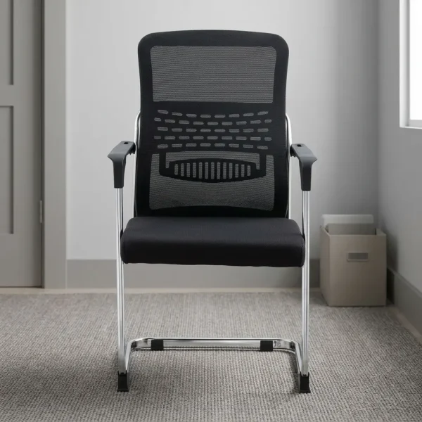 Black mesh visitor chair with a chrome cantilever sled base and fixed armrests.