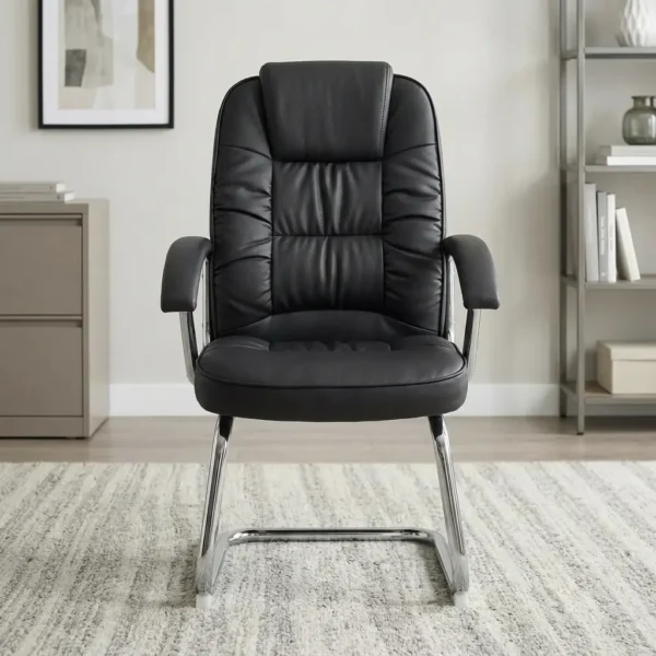 Executive office guest chair featuring high-density black leather upholstery with horizontal and vertical segment stitching, an integrated headrest cushion, padded armrests, and a heavy-duty chrome cantilever sled base.