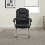 Comfortable leather office waiting chair featuring plush black leather upholstery with horizontal segment stitching, an integrated headrest cushion, curved padded armrests, and a sturdy chrome-finished cantilever sled base.