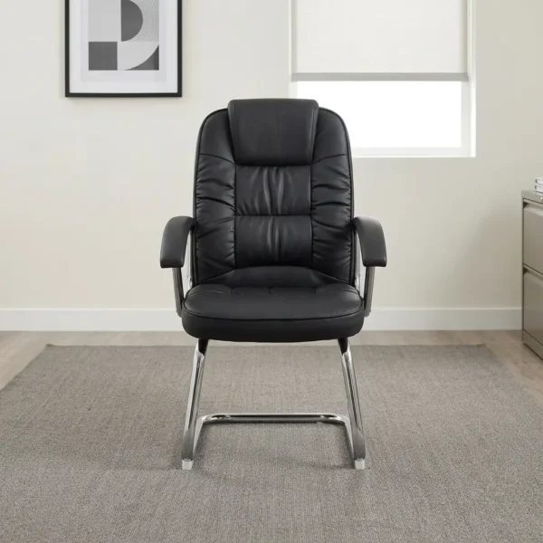 Comfortable leather office waiting chair featuring plush black leather upholstery with horizontal segment stitching, an integrated headrest cushion, curved padded armrests, and a sturdy chrome-finished cantilever sled base.