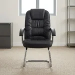Comfortable leather office waiting chair featuring plush black leather upholstery with horizontal segment stitching, an integrated headrest cushion, curved padded armrests, and a sturdy chrome-finished cantilever sled base.
