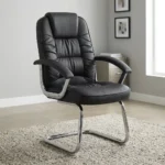 Comfortable leather office waiting chair featuring plush black leather upholstery with horizontal segment stitching, an integrated headrest cushion, curved padded armrests, and a sturdy chrome-finished cantilever sled base.