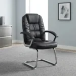 Comfortable leather office waiting chair featuring plush black leather upholstery with horizontal segment stitching, an integrated headrest cushion, curved padded armrests, and a sturdy chrome-finished cantilever sled base.