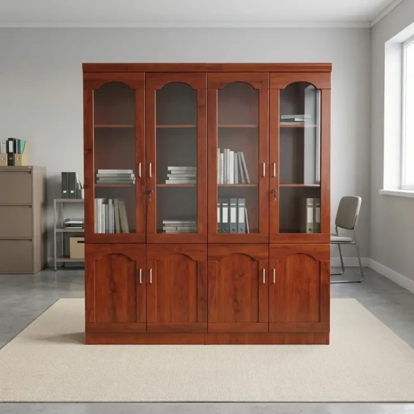 4-door wooden filing cabinet featuring a warm mahogany wood finish, upper display sections with four arched glass-front doors and interior shelving, lower storage compartments with four matching solid wooden doors, and sleek metallic vertical handles.