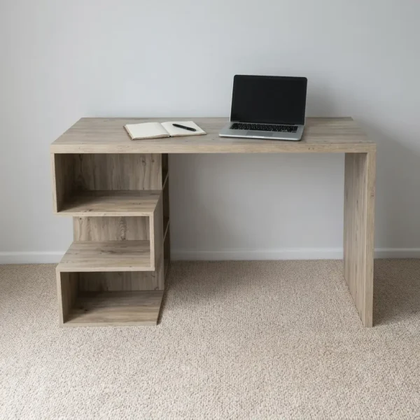 Wooden office computer desk featuring a natural light oak wood-grain finish, a spacious rectangular work surface, a solid side panel leg, and an integrated left-side geometric open S-shaped storage bookshelf.