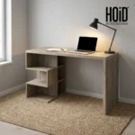 Wooden office computer desk featuring a natural light oak wood-grain finish, a spacious rectangular work surface, a solid side panel leg, and an integrated left-side geometric open S-shaped storage bookshelf.