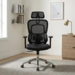Ergonomic orthopedic staff office chair featuring a high-tension black mesh backrest, an adjustable mesh headrest, dual adaptive lower lumbar support pads, a contoured fabric seat cushion, height-adjustable T-armrests, and a polished aluminum five-star swivel base with smooth-rolling casters.