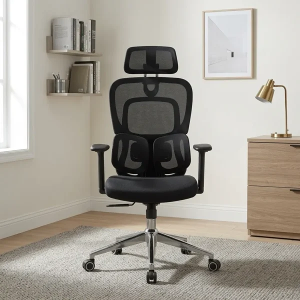 Ergonomic orthopedic staff office chair featuring a high-tension black mesh backrest, an adjustable mesh headrest, dual adaptive lower lumbar support pads, a contoured fabric seat cushion, height-adjustable T-armrests, and a polished aluminum five-star swivel base with smooth-rolling casters.