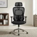 Ergonomic orthopedic staff office chair featuring a high-tension black mesh backrest, an adjustable mesh headrest, dual adaptive lower lumbar support pads, a contoured fabric seat cushion, height-adjustable T-armrests, and a polished aluminum five-star swivel base with smooth-rolling casters.