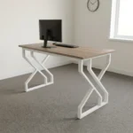 1.2m generic computer desk featuring a natural walnut wood-grain tabletop, a smooth open work surface, and modern geometric geometric Z/X-shaped white metal powder-coated leg supports.