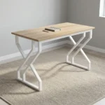 1.2m generic computer desk featuring a natural walnut wood-grain tabletop, a smooth open work surface, and modern geometric geometric Z/X-shaped white metal powder-coated leg supports.