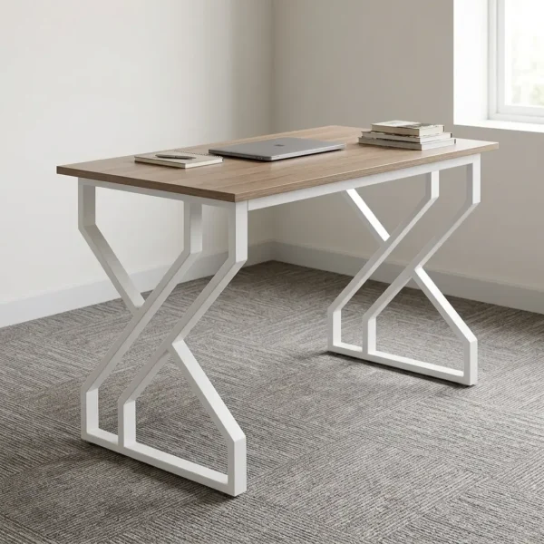 1.2m generic computer desk featuring a natural walnut wood-grain tabletop, a smooth open work surface, and modern geometric geometric Z/X-shaped white metal powder-coated leg supports.