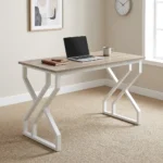 1.2m generic computer desk featuring a natural walnut wood-grain tabletop, a smooth open work surface, and modern geometric geometric Z/X-shaped white metal powder-coated leg supports.
