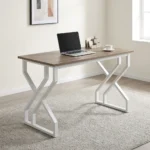 1.2m generic computer desk featuring a natural walnut wood-grain tabletop, a smooth open work surface, and modern geometric geometric Z/X-shaped white metal powder-coated leg supports.
