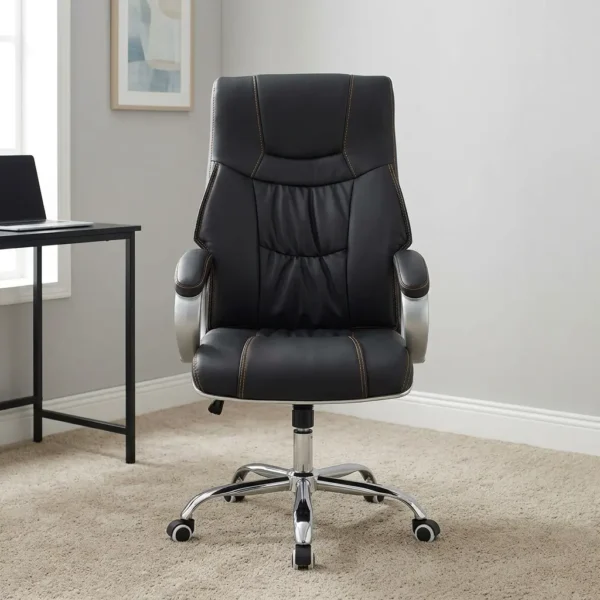 Black leather office chair featuring high-density black leather upholstery with contrast amber/orange stitching, a high backrest with an integrated headrest cushion, padded silver curved armrests, a height adjustment lever, and a polished chrome five-star swivel base with caster wheels.