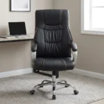Black leather office chair featuring high-density black leather upholstery with contrast amber/orange stitching, a high backrest with an integrated headrest cushion, padded silver curved armrests, a height adjustment lever, and a polished chrome five-star swivel base with caster wheels.