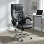 Black leather office chair featuring high-density black leather upholstery with contrast amber/orange stitching, a high backrest with an integrated headrest cushion, padded silver curved armrests, a height adjustment lever, and a polished chrome five-star swivel base with caster wheels.