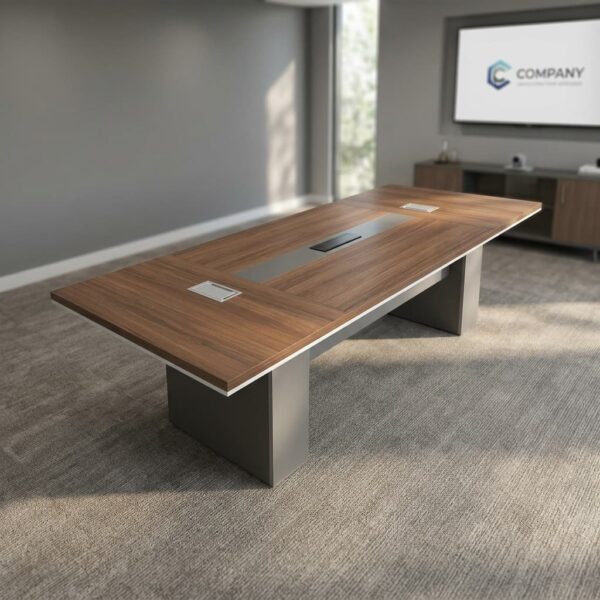 2M conference meeting table featuring a rich walnut wood-grain finish, integrated central cable management pop-up power modules, a contrasting grey center inlay panel, bevel-edged trimming, and heavy-duty dual pedestal base supports.