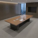 2M conference meeting table featuring a rich walnut wood-grain finish, integrated central cable management pop-up power modules, a contrasting grey center inlay panel, bevel-edged trimming, and heavy-duty dual pedestal base supports.