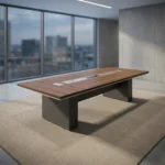 2M conference meeting table featuring a rich walnut wood-grain finish, integrated central cable management pop-up power modules, a contrasting grey center inlay panel, bevel-edged trimming, and heavy-duty dual pedestal base supports.
