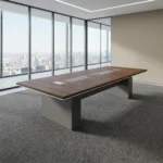 2M conference meeting table featuring a rich walnut wood-grain finish, integrated central cable management pop-up power modules, a contrasting grey center inlay panel, bevel-edged trimming, and heavy-duty dual pedestal base supports.