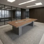 2M conference meeting table featuring a rich walnut wood-grain finish, integrated central cable management pop-up power modules, a contrasting grey center inlay panel, bevel-edged trimming, and heavy-duty dual pedestal base supports.