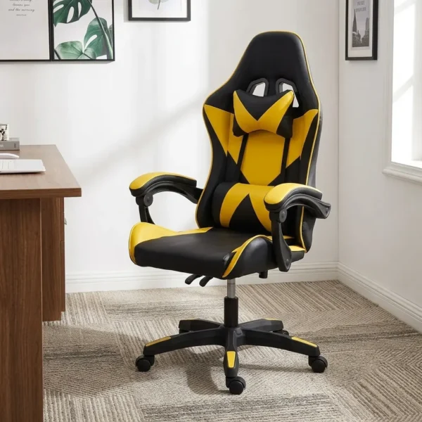 Ergonomic yellow gaming chair featuring high-density black and vibrant yellow faux leather upholstery with a geometric star/X pattern, a high-back racecar-style design, removable headrest cushion and lumbar pillow, padded link armrests, pneumatic tilt/height control levers, and a five-star nylon swivel base with color-accented caster wheels.