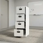 4 drawer cabinet featuring a clean white powder-coated steel finish, four vertical pull-out filing drawers on smooth ball-bearing glides, recessed black plastic handles, and individual key-lock mechanisms for each drawer.