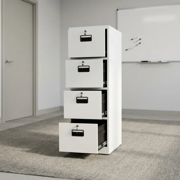 4 drawer cabinet featuring a clean white powder-coated steel finish, four vertical pull-out filing drawers on smooth ball-bearing glides, recessed black plastic handles, and individual key-lock mechanisms for each drawer.