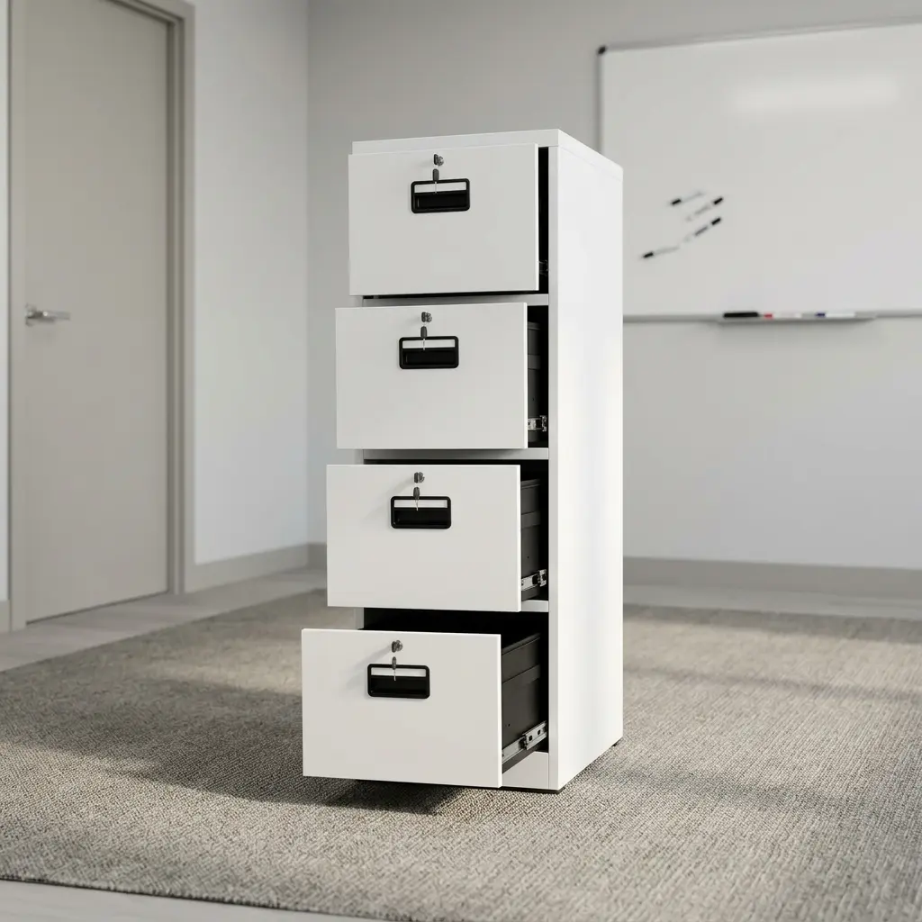 4 drawer cabinet featuring a clean white powder-coated steel finish, four vertical pull-out filing drawers on smooth ball-bearing glides, recessed black plastic handles, and individual key-lock mechanisms for each drawer. 4 drawer cabinet featuring a clean white powder-coated steel finish, four vertical pull-out filing drawers on smooth ball-bearing glides, recessed black plastic handles, and individual key-lock mechanisms for each drawer.