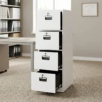 4 drawer cabinet featuring a clean white powder-coated steel finish, four vertical pull-out filing drawers on smooth ball-bearing glides, recessed black plastic handles, and individual key-lock mechanisms for each drawer.