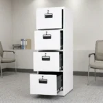 4 drawer cabinet featuring a clean white powder-coated steel finish, four vertical pull-out filing drawers on smooth ball-bearing glides, recessed black plastic handles, and individual key-lock mechanisms for each drawer.