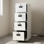4 drawer cabinet featuring a clean white powder-coated steel finish, four vertical pull-out filing drawers on smooth ball-bearing glides, recessed black plastic handles, and individual key-lock mechanisms for each drawer.