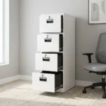 4 drawer cabinet featuring a clean white powder-coated steel finish, four vertical pull-out filing drawers on smooth ball-bearing glides, recessed black plastic handles, and individual key-lock mechanisms for each drawer.
