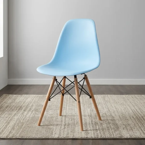 High quality Eames chair featuring a light blue molded polypropylene seat shell, natural solid wood dowel legs, and Eiffel-style black wire metal cross-bracing.