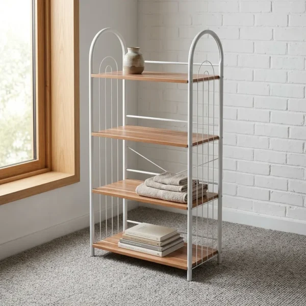 Free standing shoe rack featuring four light wood-grain open shelves, a white powder-coated tubular steel frame with arched side handles, wire side guardrails, and rear X-brace cross-support.