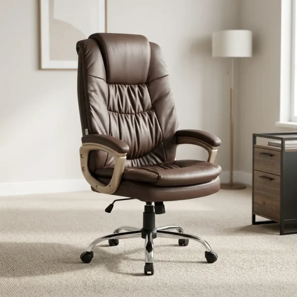 Brown executive swivel office chair featuring plush dark brown leather upholstery with gather-tufted backrest detail, an integrated padded headrest pillow, champagne/gold-finished loop armrests with padded leather tops, pneumatic height control lever, and a polished chrome five-star swivel base with dual-wheel casters.