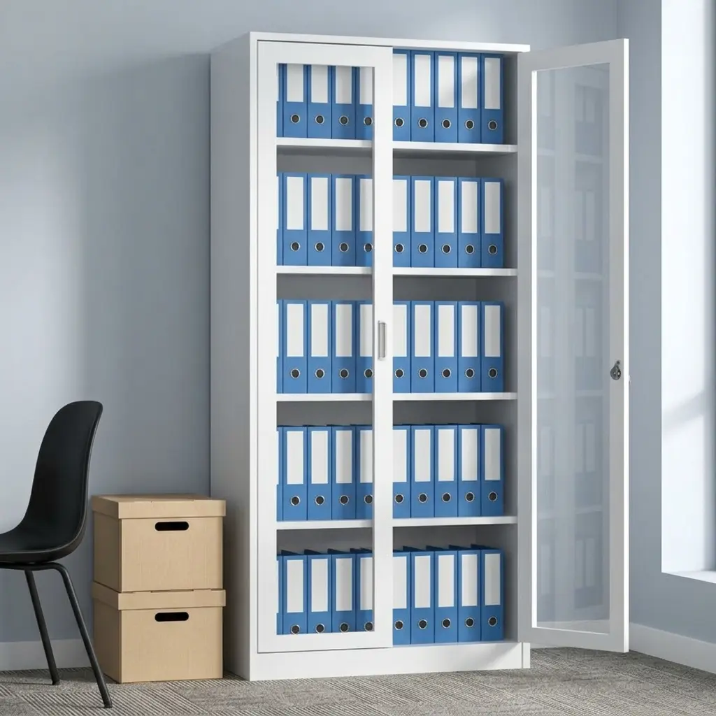Full glass office file cabinet featuring a clean white steel frame, dual full-height tempered glass display doors, four adjustable internal storage shelves accommodating five tiered compartments, subtle vertical handles, and a secure key-lock mechanism.