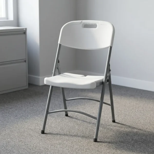 White plastic folding chair featuring a molded high-density polyethylene seat and backrest, an integrated handle cutout for portability, contoured seat ergonomic shaping, and a grey powder-coated tubular steel frame with non-marring foot caps.