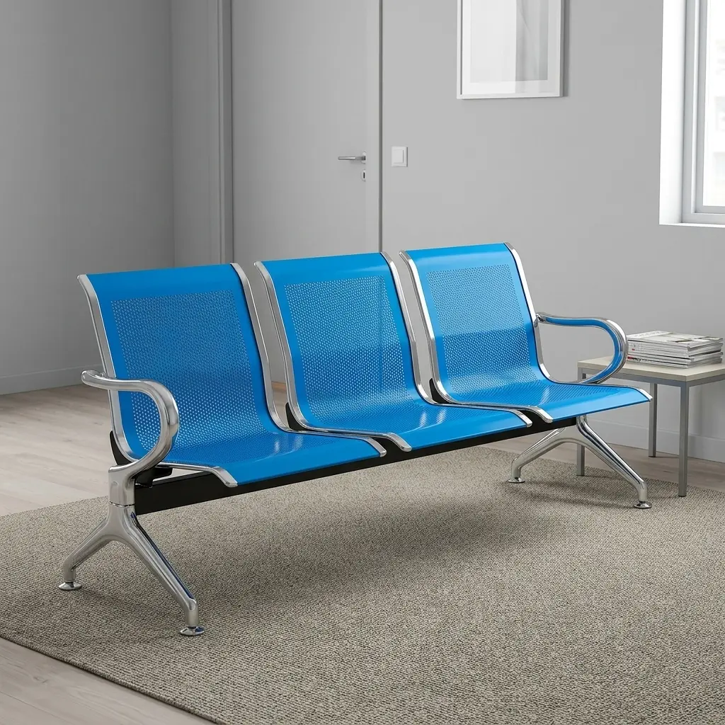 3-seater airport/waiting area bench featuring bright blue perforated cold-rolled steel seats, ergonomic contoured backrests, chrome-finished trim and curved end armrests, supported by a heavy-duty steel beam base with polished chrome legs.
