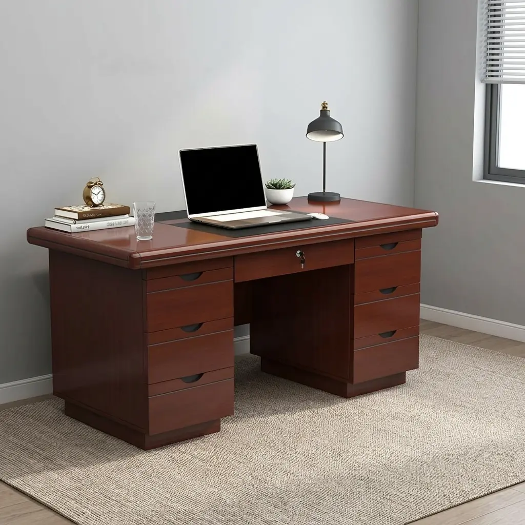 120cm executive office table featuring a rich mahogany wood-grain finish, dual built-in pedestal storage units with three drawers on each side, a center lockable drawer, a black inlay write pad desktop, and rounded decorative edge moulding.