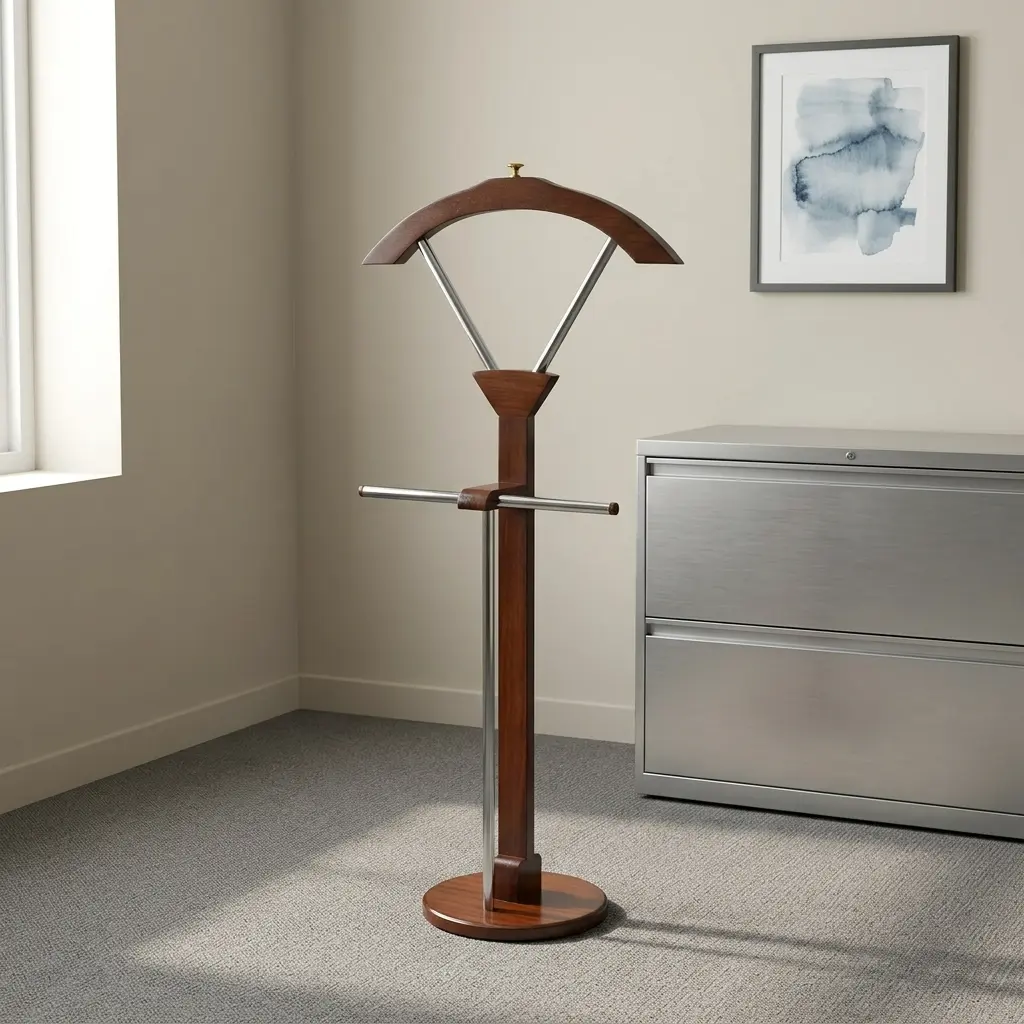 Executive office valet stand/coat hanger featuring a rich mahogany-finished solid wood frame, contoured shoulder jacket hanger, integrated trouser bar, brushed metallic support rods, and a stable round weighted base.