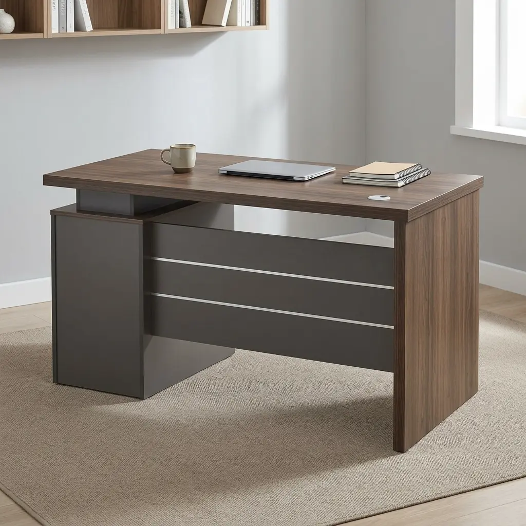 Advanced 140cm executive desk featuring a dark walnut wood-grain desktop with built-in cable grommet, floating-top aesthetic, integrated dark grey modesty panel with horizontal silver metallic trim lines, and a side-mounted pedestal containing three lockable storage drawers.