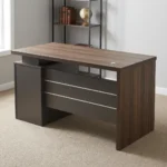 Advanced 140cm executive desk featuring a dark walnut wood-grain desktop with built-in cable grommet, floating-top aesthetic, integrated dark grey modesty panel with horizontal silver metallic trim lines, and a side-mounted pedestal containing three lockable storage drawers.