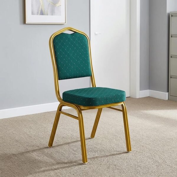 Stackable green conference chair featuring diamond-patterned emerald green upholstered fabric with subtle white dot accents, a cushioned crown-back seat and backrest, top integrated handle grip, and a sturdy metallic gold-painted steel frame with protective floor glides.