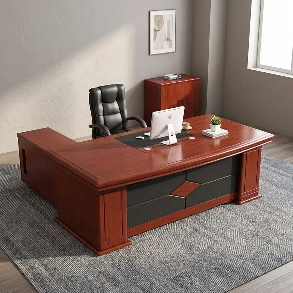 1800mm executive desk featuring a premium mahogany wood finish, embedded black leatherette desk pad, integrated cable pass-through grommets, front modesty panel with dark grey panels and a center diamond accent, pull-out keyboard tray, side-mounted drawer pedestal, and an L-shaped return credenza with open CPU tower slot, shelving, and lockable storage doors.