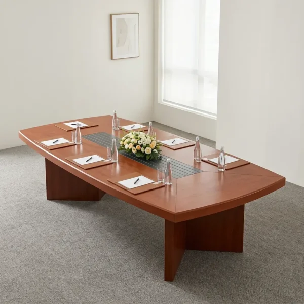 8-seater conference table featuring a rich mahogany wood finish, large boat-shaped tabletop with beveled edges, central dark grey slatted cable management track, and sturdy angular wooden pedestal base supports.