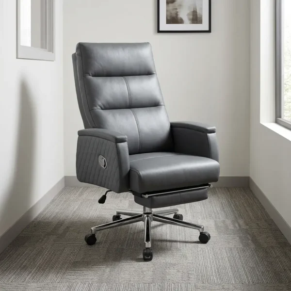 Gray director executive chair featuring premium dark grey bonded leather upholstery, high-back reclining design with integrated neck pillow, diamond-quilted outer side arm panels, retractable padded leg footrest, chrome adjustment lever, and a heavy-duty polished chrome five-star base on dual-wheel casters.