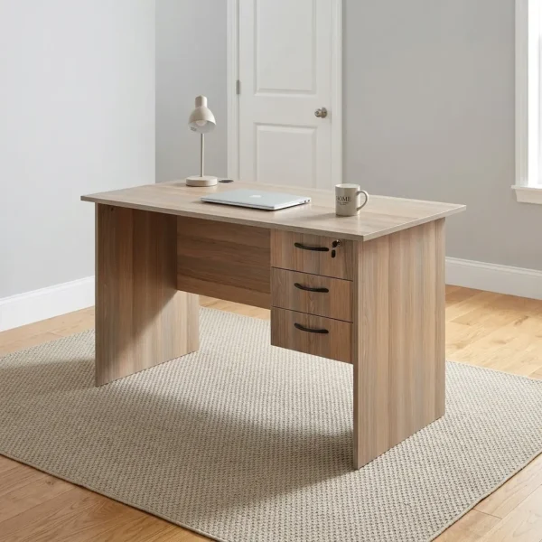0.9m office study desk featuring a compact natural walnut wood-grain finish laminate desktop, built-in cable grommet, matching modesty panel, and an integrated right-side storage pedestal with three drawers, dark curved handles, and a top-drawer key lock.