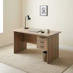 0.9m office study desk featuring a compact natural walnut wood-grain finish laminate desktop, built-in cable grommet, matching modesty panel, and an integrated right-side storage pedestal with three drawers, dark curved handles, and a top-drawer key lock.